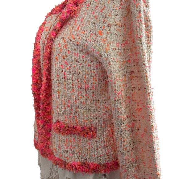 ZARA White Neon Pink Textured Tweed Lightweight Preppy Jacket L - Picture 4 of 6